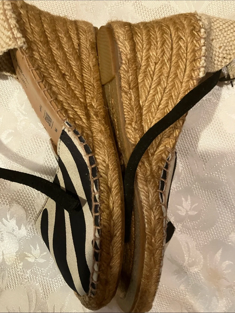 Seychelles Black and White Striped Espadrille Wedges with Ankle Tie